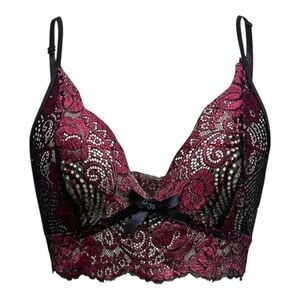 Elegant Black and Pink Lace Bralette, Size S